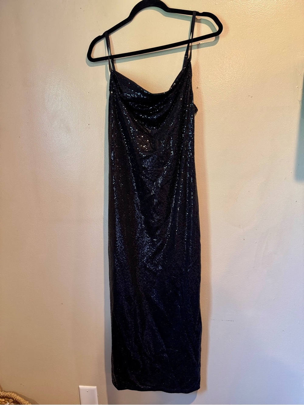 bebe Black Sequin Cowl Neck Slip Dress